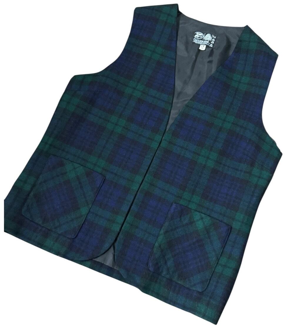 Vintage Plaid Green wool open front pocketed vest lined size medium